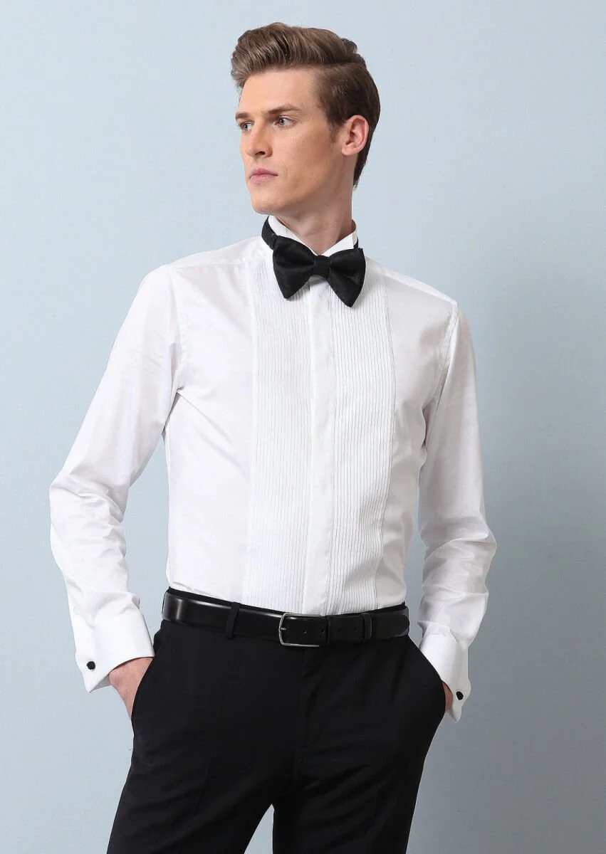Beyaz Düz Slim Fit Duble Manşet Ata Yaka Smokin Gömlek - 3