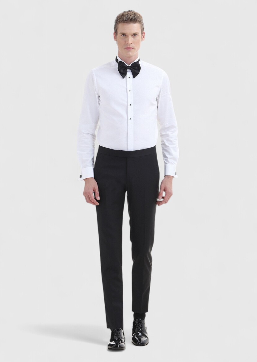 Beyaz Düz Slim Fit Duble Manşet Ata Yaka Smokin Gömlek - 2