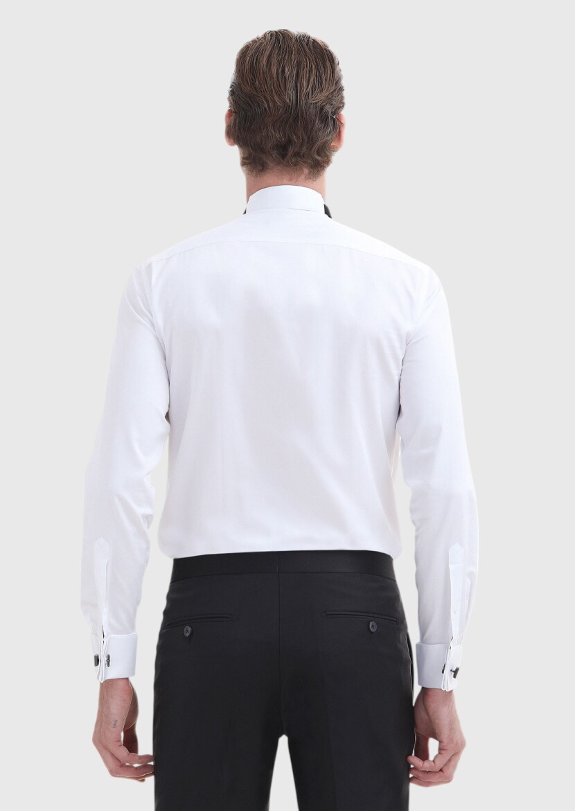 Beyaz Düz Slim Fit Duble Manşet Ata Yaka Smokin Gömlek - 9