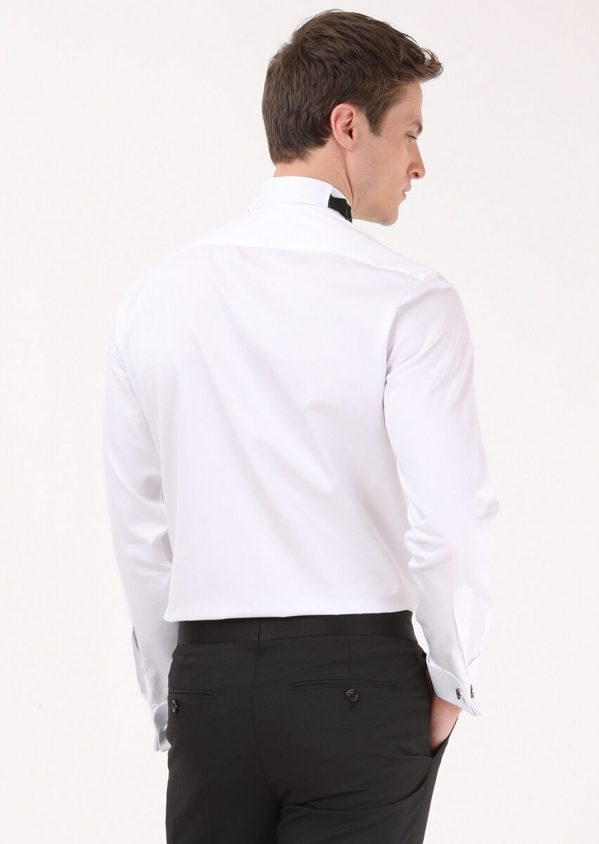 Beyaz Düz Slim Fit Duble Manşet Ata Yaka Smokin Gömlek - 8