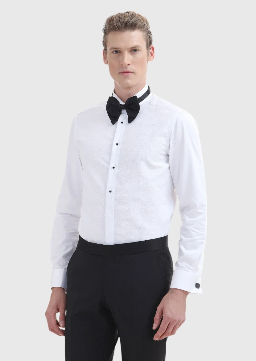 Beyaz Düz Slim Fit Duble Manşet Ata Yaka Smokin Gömlek - 2