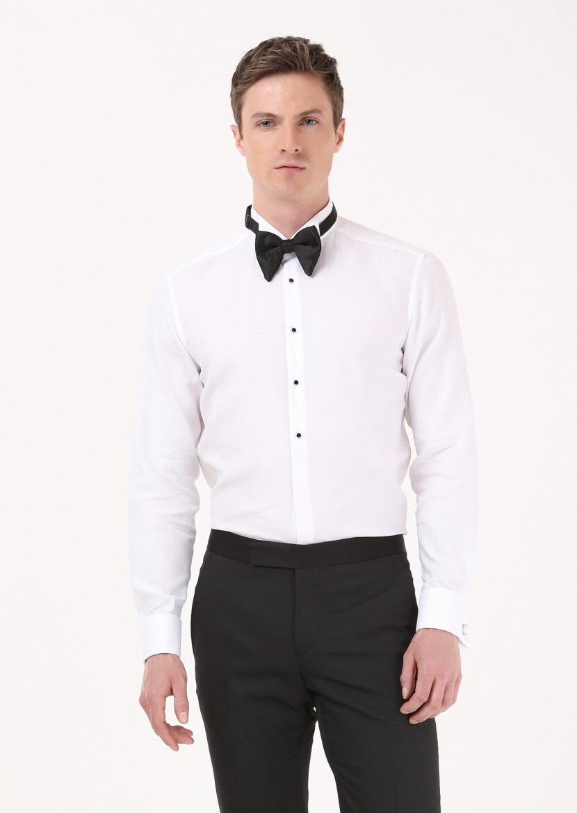 Beyaz Düz Slim Fit Duble Manşet Ata Yaka Smokin Gömlek - 2