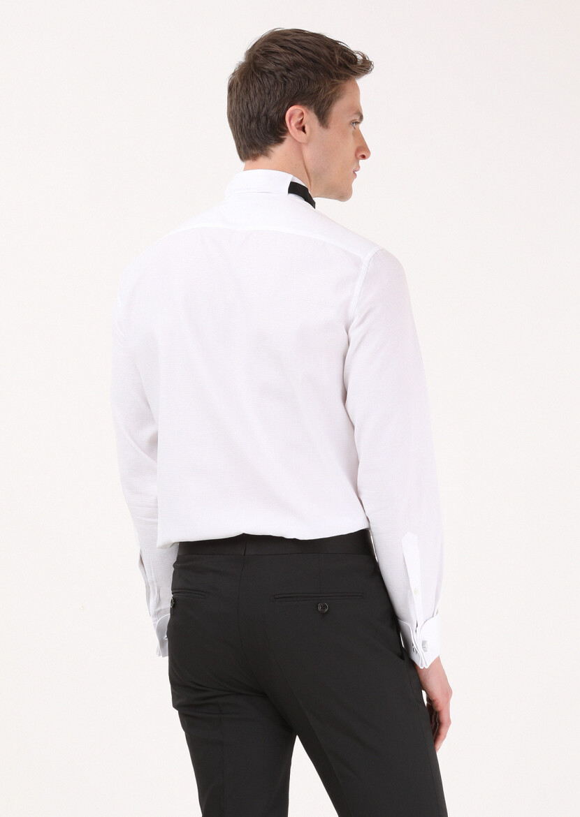 Beyaz Düz Slim Fit Duble Manşet Ata Yaka Smokin Gömlek - 4
