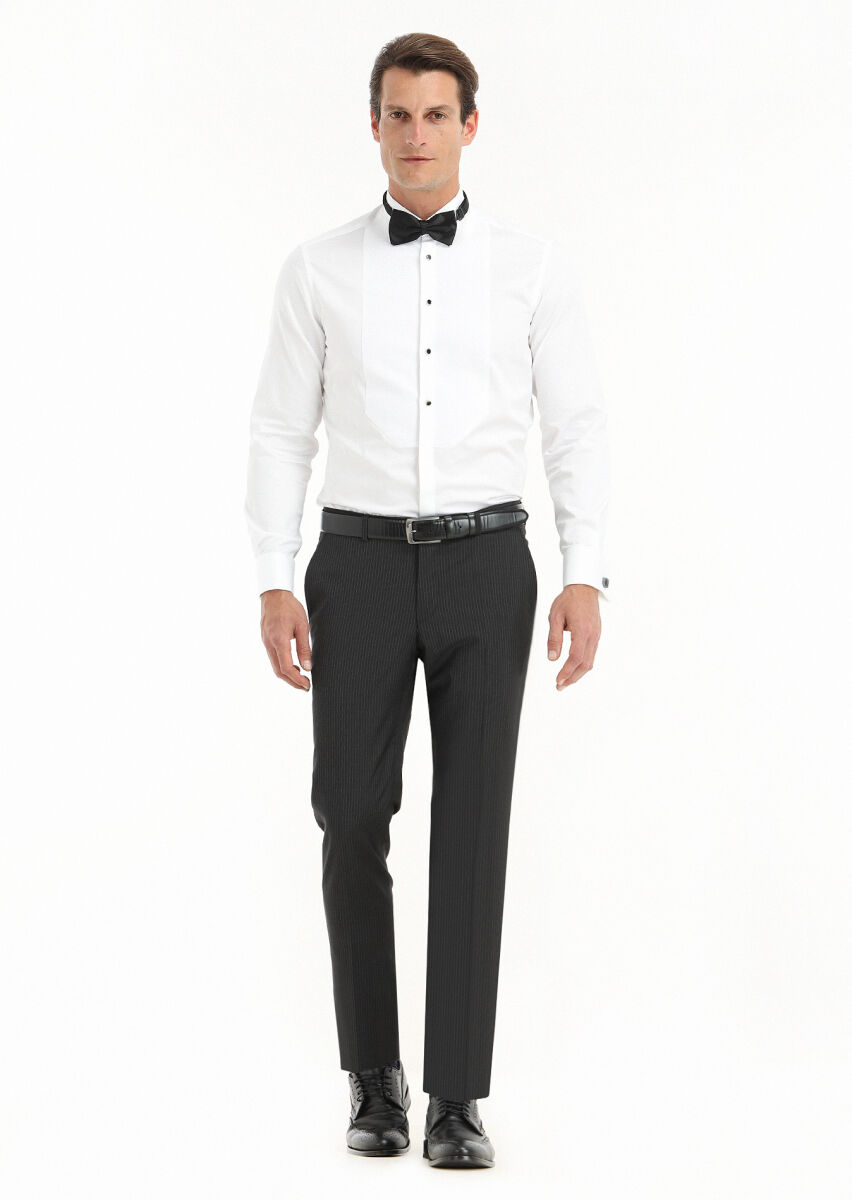 Beyaz Düz Slim Fit Duble Manşet Ata Yaka Smokin Gömlek - 1