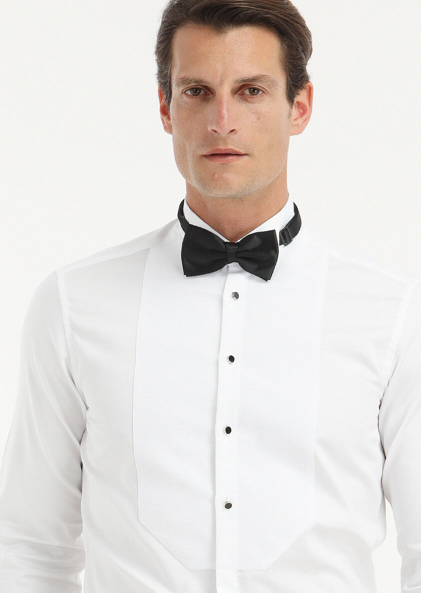 Beyaz Düz Slim Fit Duble Manşet Ata Yaka Smokin Gömlek - 3