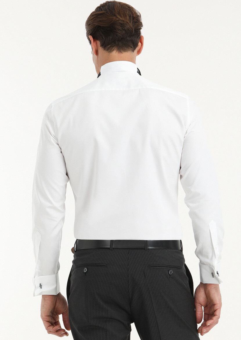 Beyaz Düz Slim Fit Duble Manşet Ata Yaka Smokin Gömlek - 4