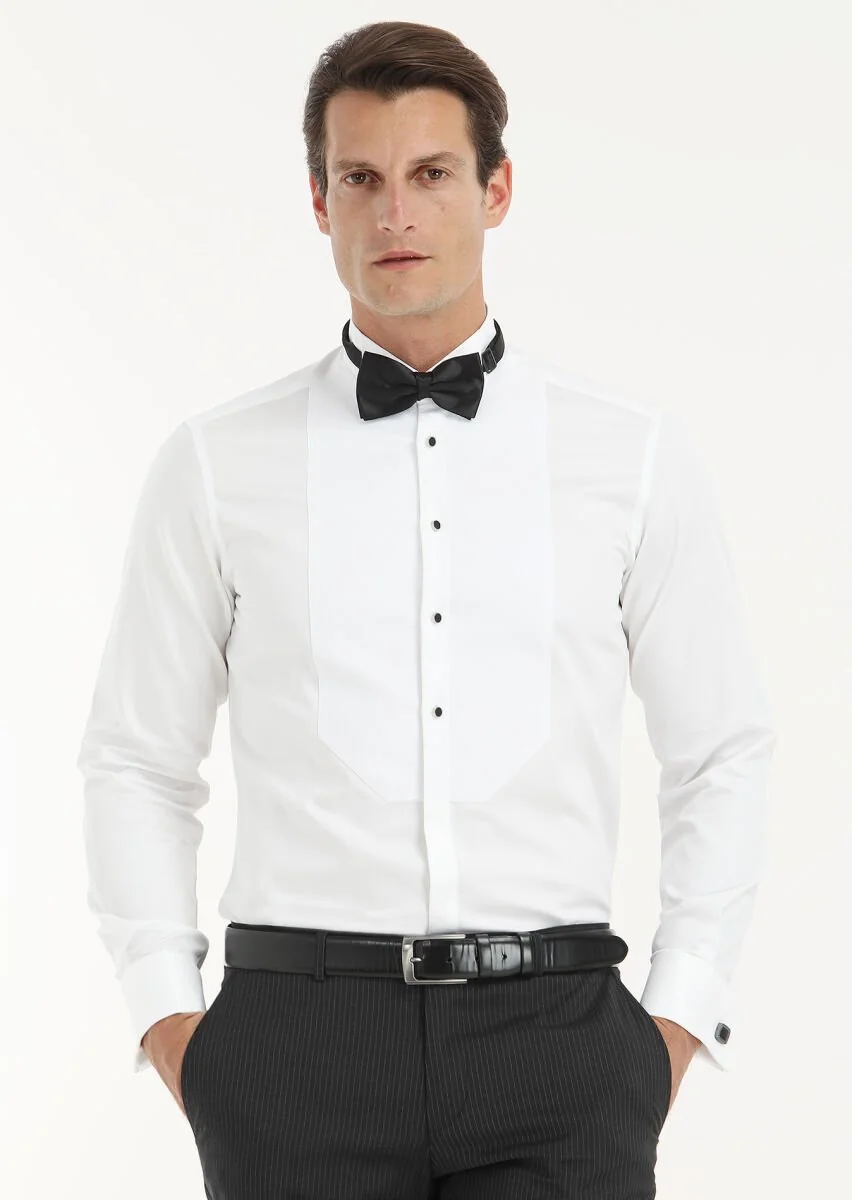 Beyaz Düz Slim Fit Duble Manşet Ata Yaka Smokin Gömlek - 2