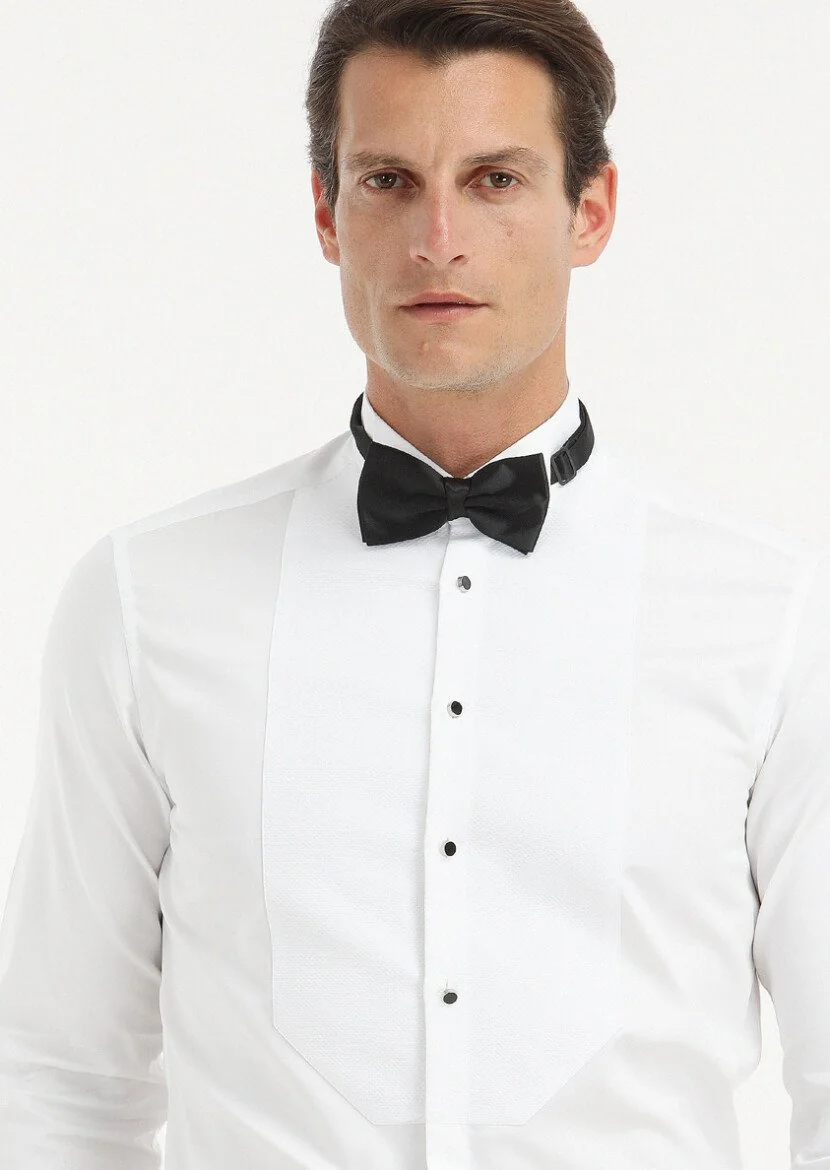 Beyaz Düz Slim Fit Duble Manşet Ata Yaka Smokin Gömlek - 3