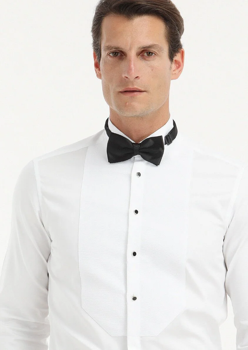 Beyaz Düz Slim Fit Duble Manşet Ata Yaka Smokin Gömlek - 3