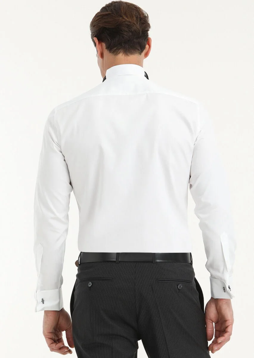Beyaz Düz Slim Fit Duble Manşet Ata Yaka Smokin Gömlek - 4