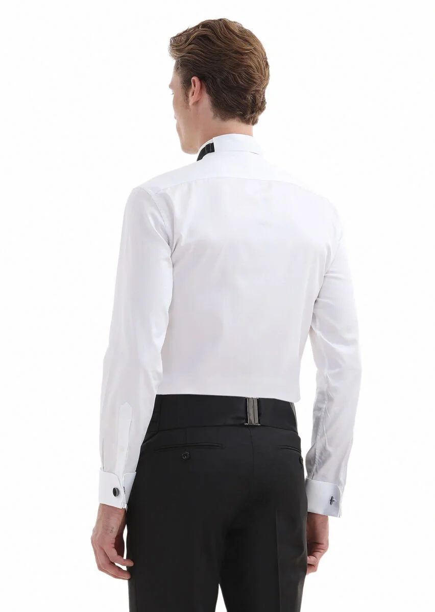 Beyaz Düz Slim Fit Duble Manşet Ata Yaka Smokin Gömlek - 5