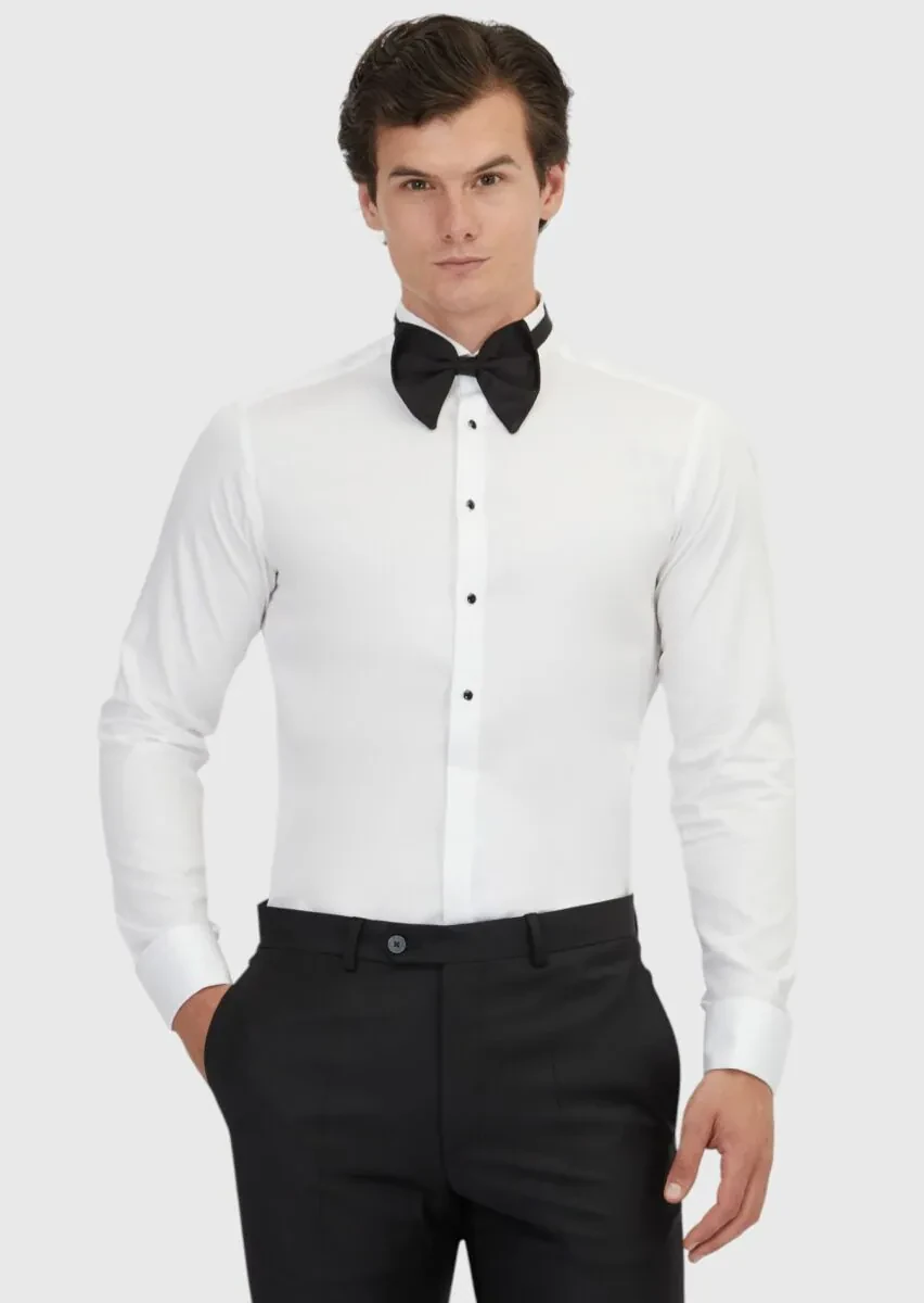 Beyaz Düz Slim Fit Duble Manşet Ata Yaka Smokin Gömlek - 1
