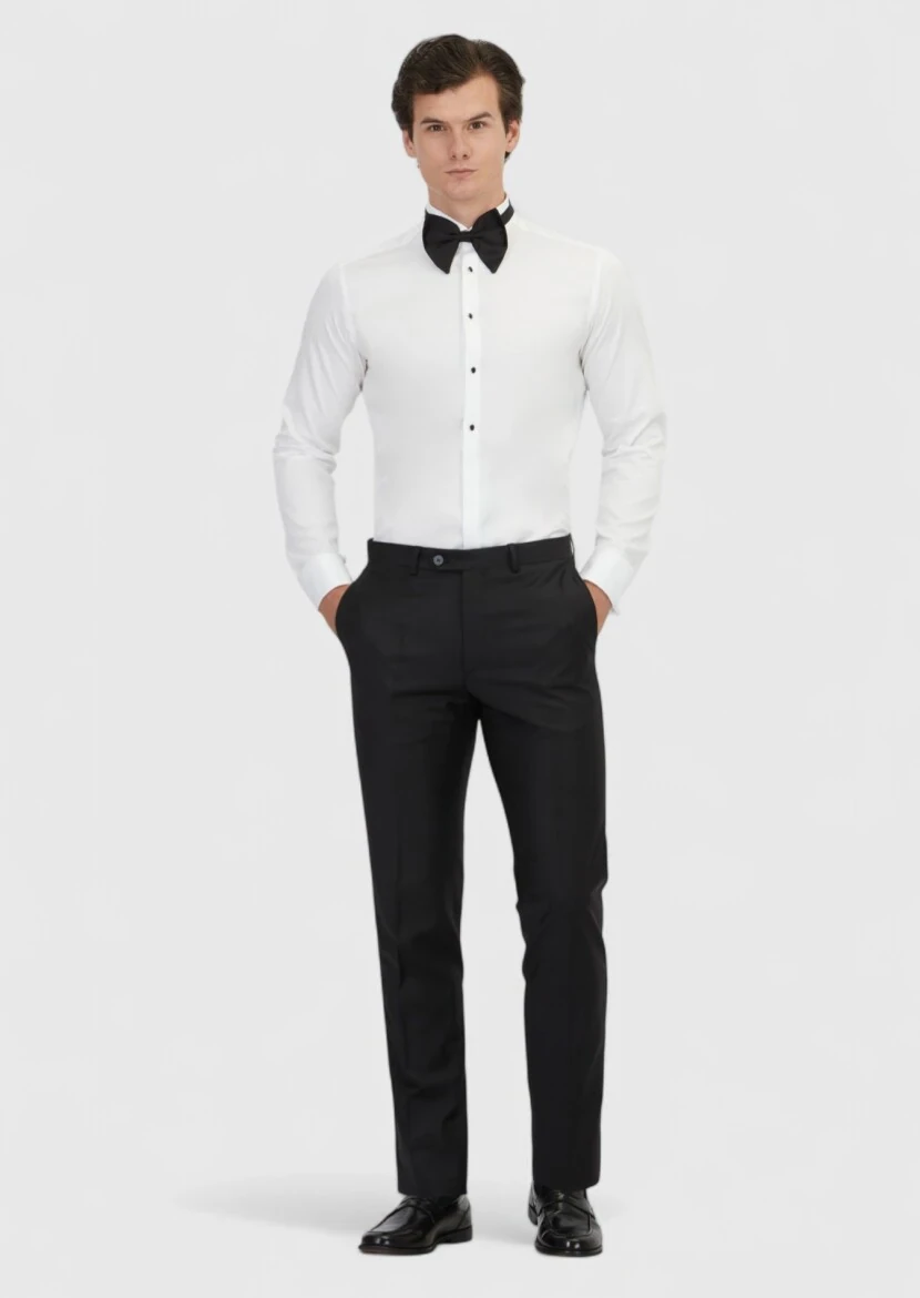 Beyaz Düz Slim Fit Duble Manşet Ata Yaka Smokin Gömlek - 2