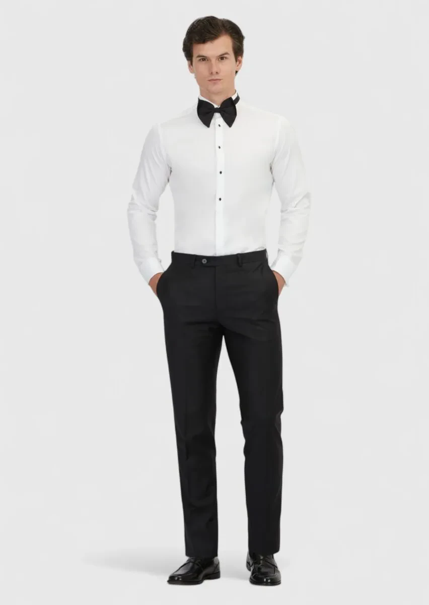 Beyaz Düz Slim Fit Duble Manşet Ata Yaka Smokin Gömlek - 2