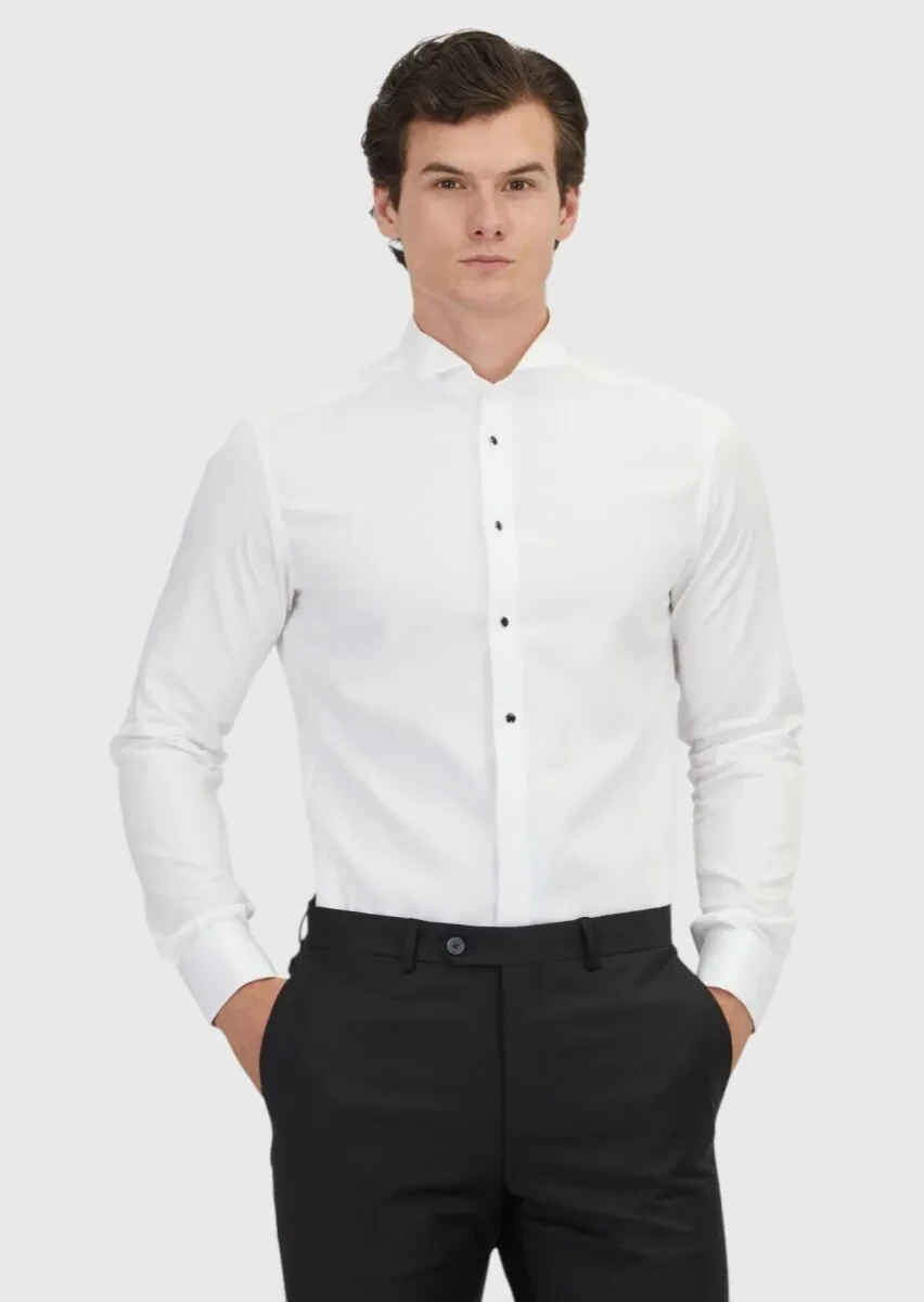 Beyaz Düz Slim Fit Duble Manşet Ata Yaka Smokin Gömlek - 1