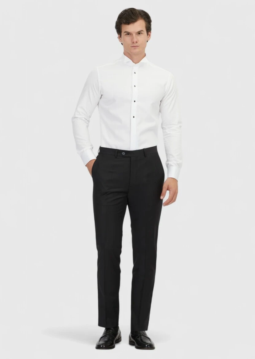 Beyaz Düz Slim Fit Duble Manşet Ata Yaka Smokin Gömlek - 2