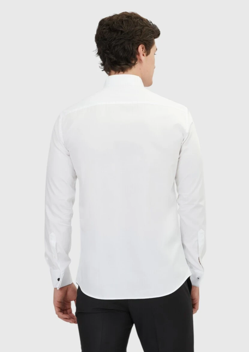 Beyaz Düz Slim Fit Duble Manşet Ata Yaka Smokin Gömlek - 5