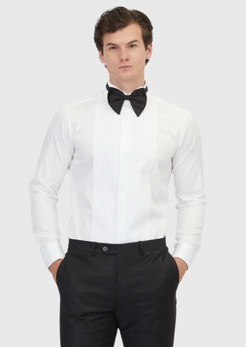 Beyaz Düz Slim Fit Duble Manşet Ata Yaka Smokin Gömlek - 1