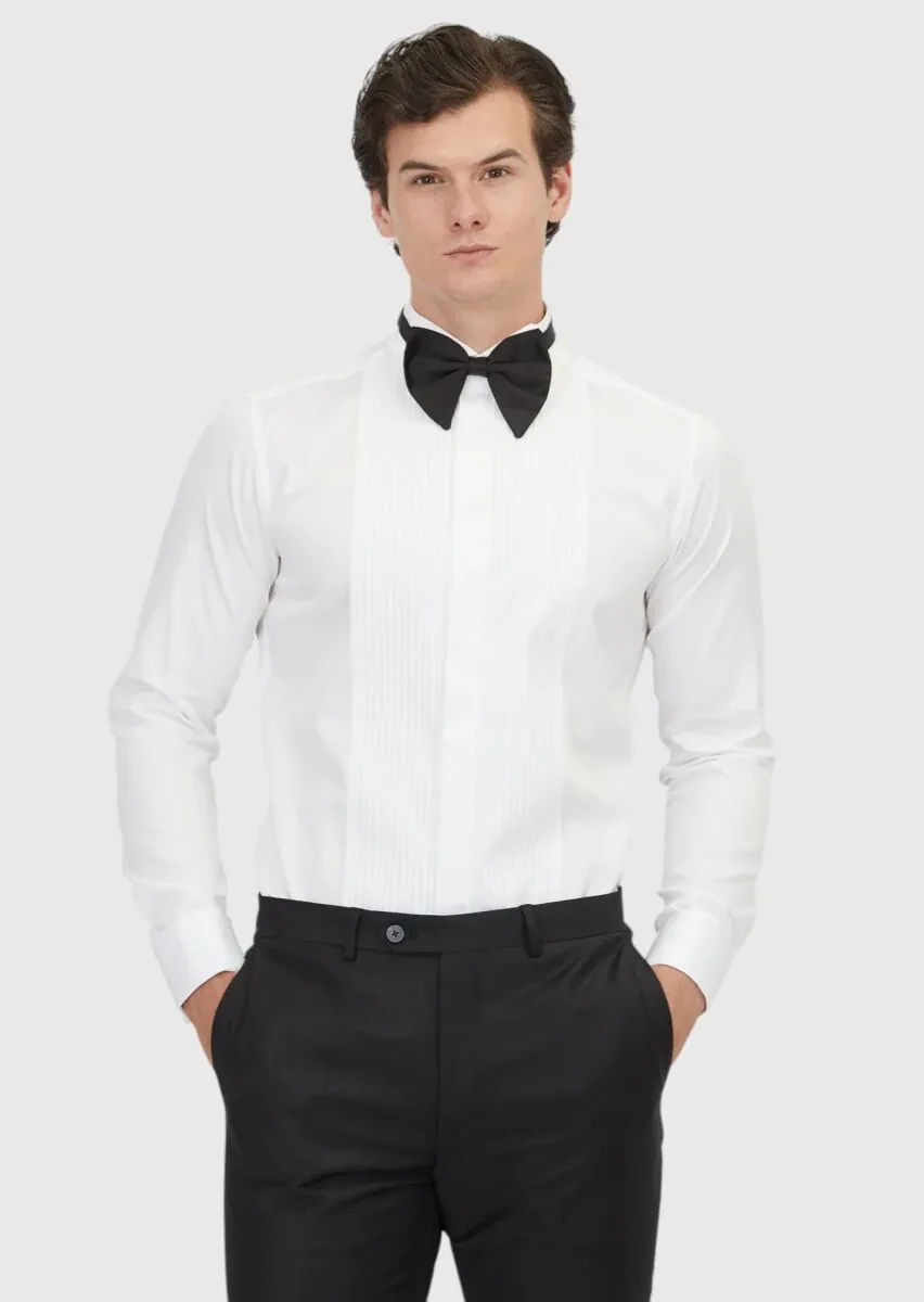 Beyaz Düz Slim Fit Duble Manşet Ata Yaka Smokin Gömlek - 1