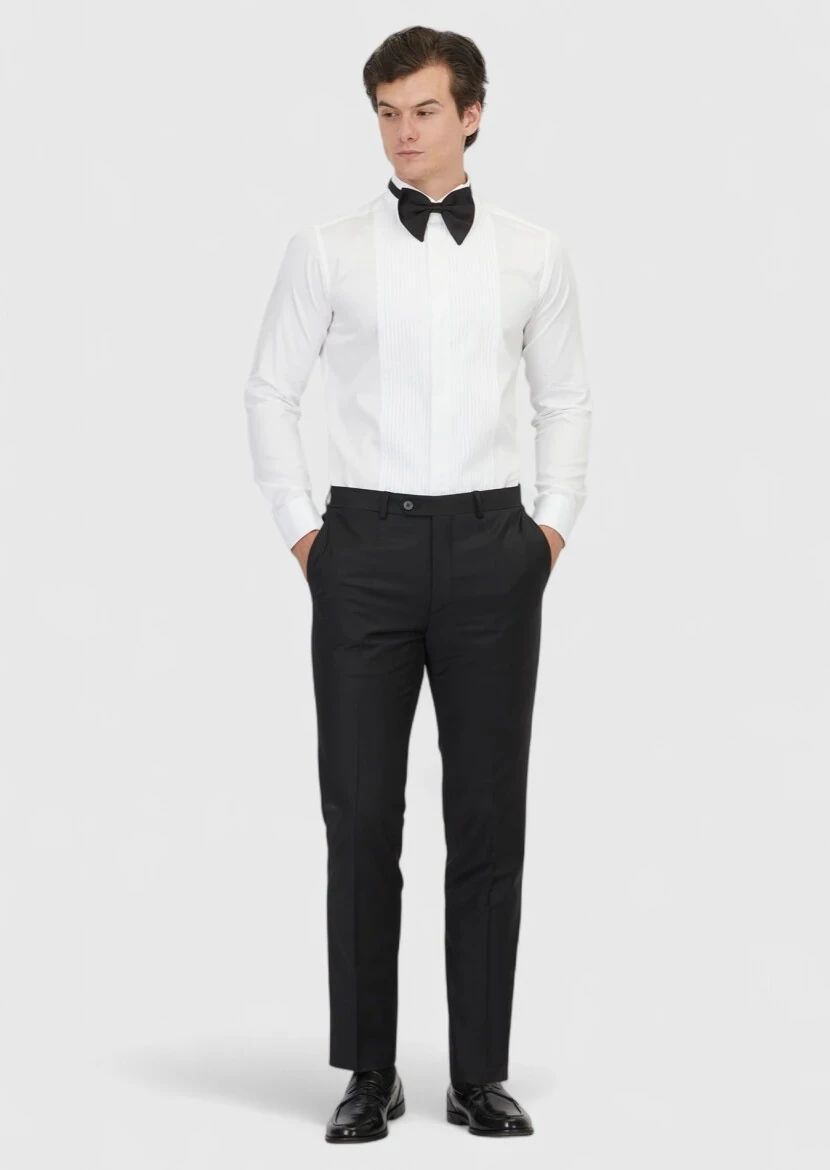 Beyaz Düz Slim Fit Duble Manşet Ata Yaka Smokin Gömlek - 2