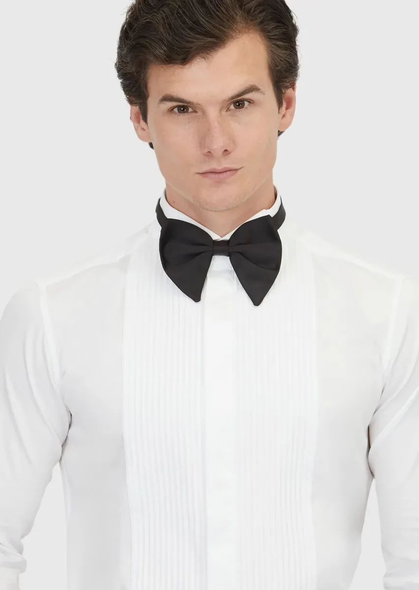 Beyaz Düz Slim Fit Duble Manşet Ata Yaka Smokin Gömlek - 3
