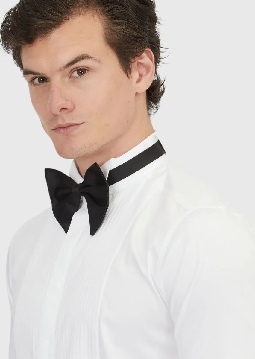 Beyaz Düz Slim Fit Duble Manşet Ata Yaka Smokin Gömlek - 4