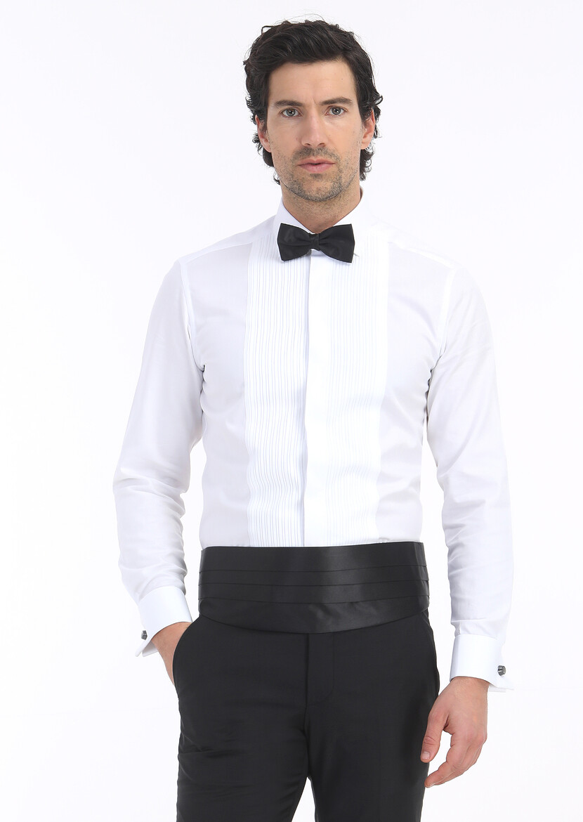 Beyaz Düz Slim Fit Duble Manşet Klasik Yaka Smokin Gömlek - 1