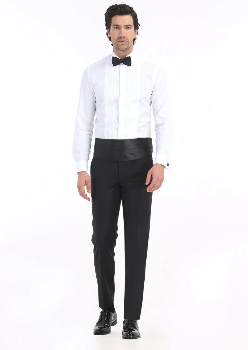 Beyaz Düz Slim Fit Duble Manşet Klasik Yaka Smokin Gömlek - 2