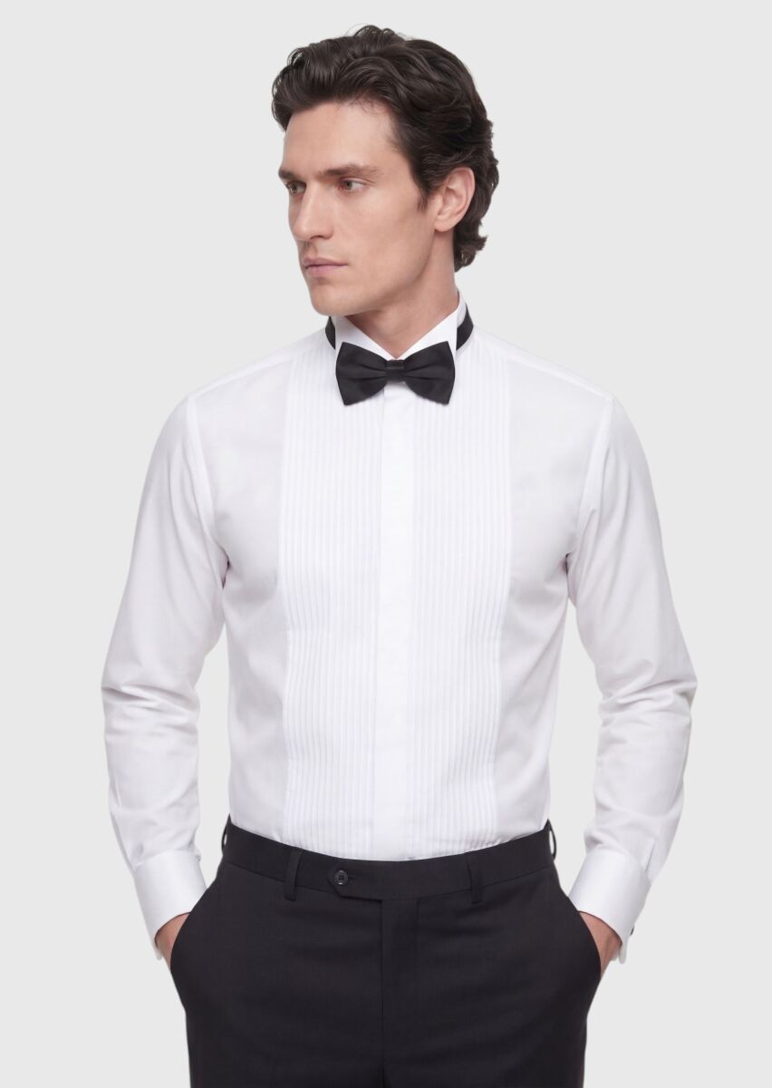 Beyaz Düz Slim Fit Duble Manşet Smokin Gömlek - 1