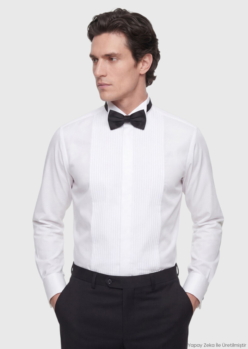 Beyaz Düz Slim Fit Duble Manşet Smokin Gömlek - RAMSEY