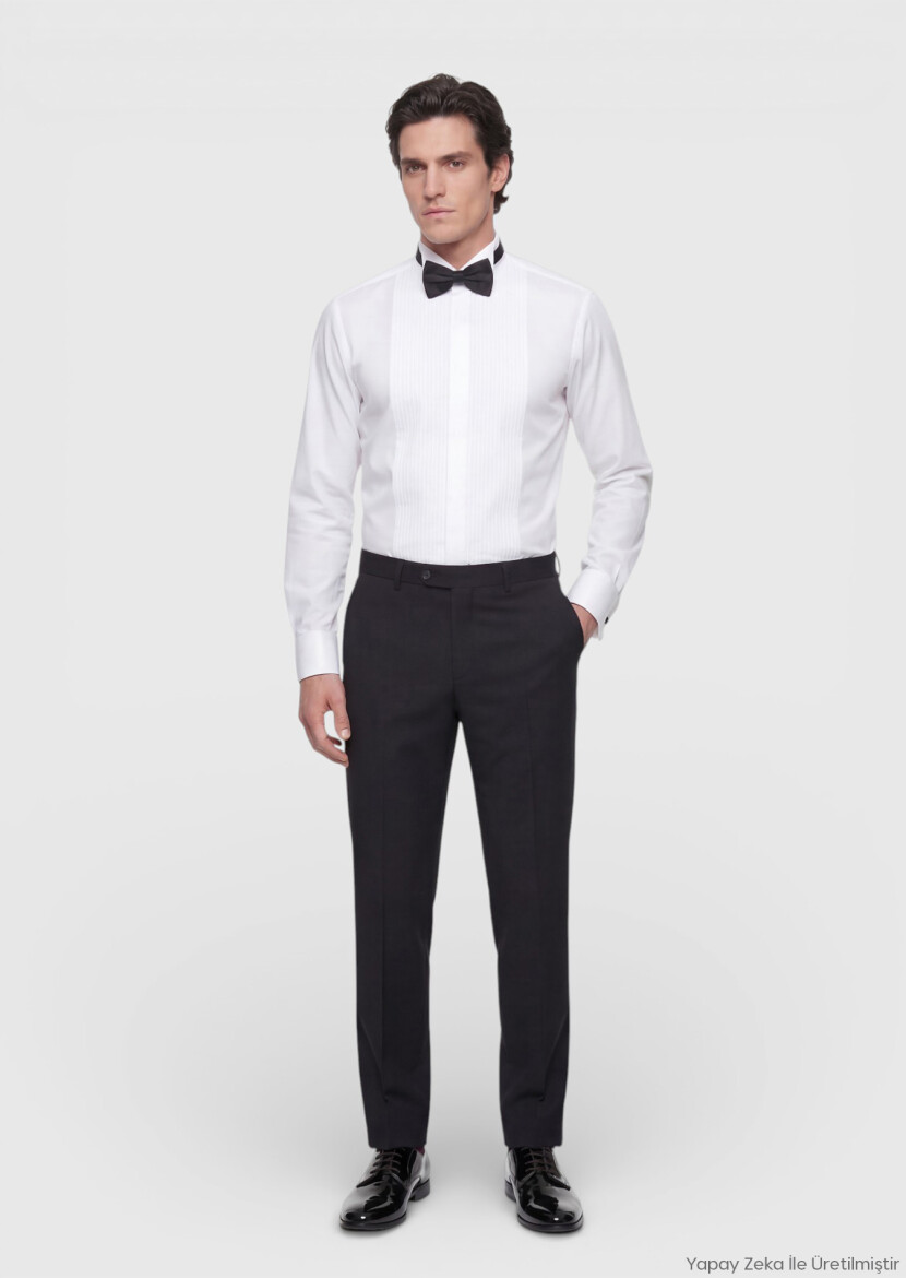 Beyaz Düz Slim Fit Duble Manşet Smokin Gömlek - RAMSEY