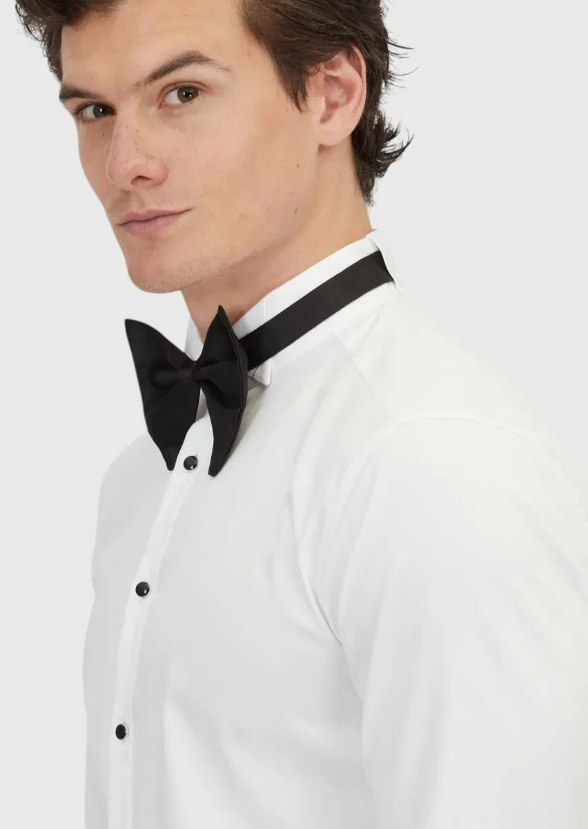 Beyaz Düz Slim Fit Duble Manşet Smokin Gömlek - 4