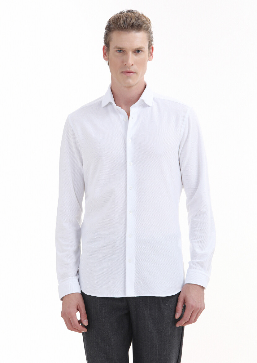 Beyaz Düz Slim Fit Uzun Casual %100 Pamuk Gömlek - 1
