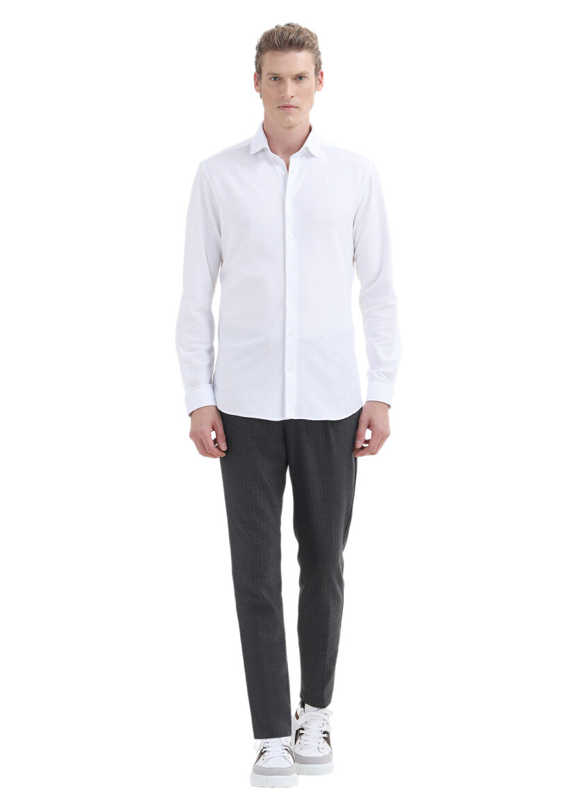 Beyaz Düz Slim Fit Uzun Casual %100 Pamuk Gömlek 