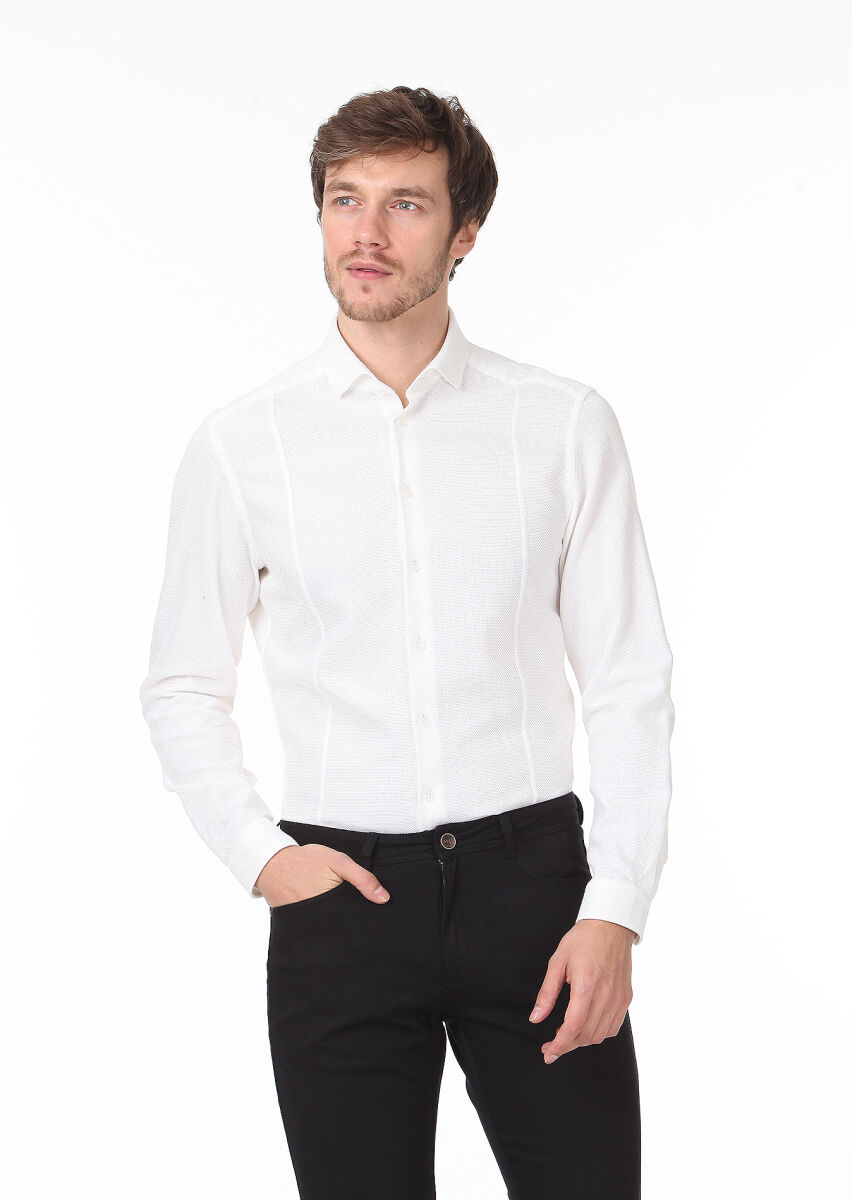 Beyaz Düz Slim Fit Uzun Dokuma Casual %100 Pamuk Gömlek - 1
