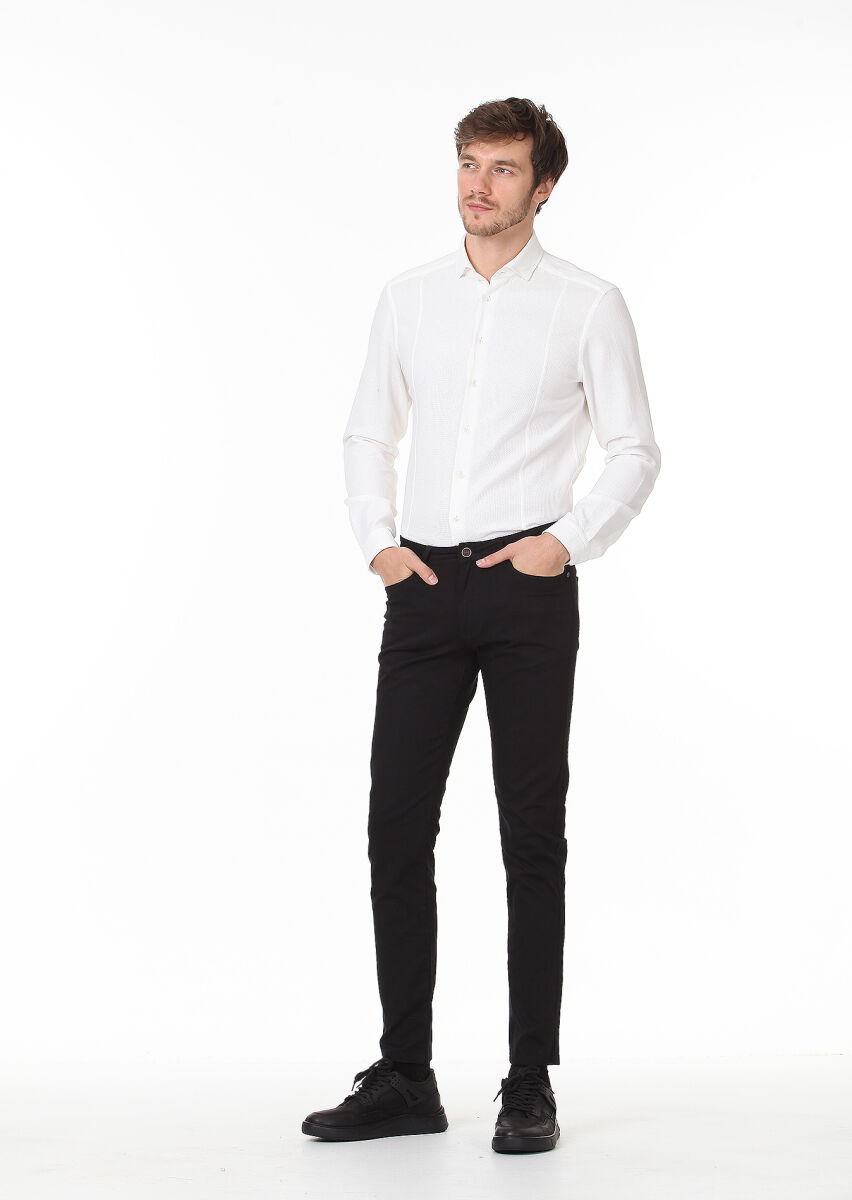 Beyaz Düz Slim Fit Uzun Dokuma Casual %100 Pamuk Gömlek - 3