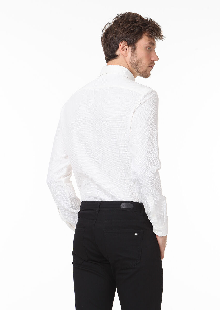 Beyaz Düz Slim Fit Uzun Dokuma Casual %100 Pamuk Gömlek - 4