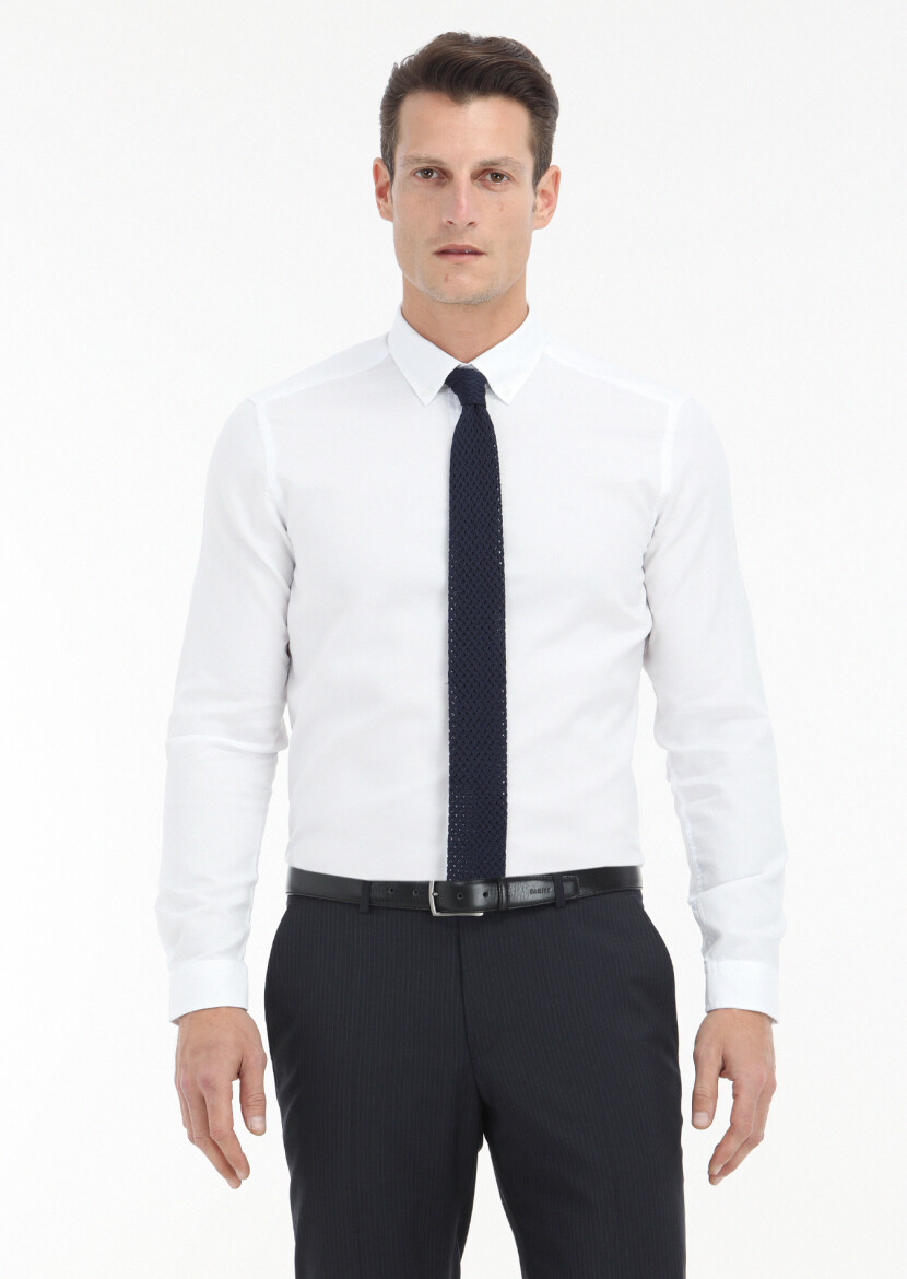 Beyaz Düz Slim Fit Uzun Dokuma Casual %100 Pamuk Gömlek 