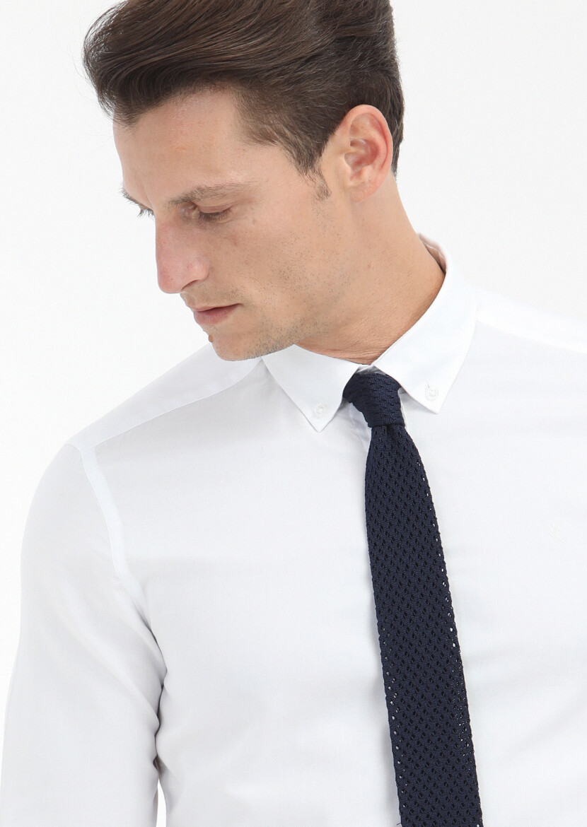 Beyaz Düz Slim Fit Uzun Dokuma Casual %100 Pamuk Gömlek - 3