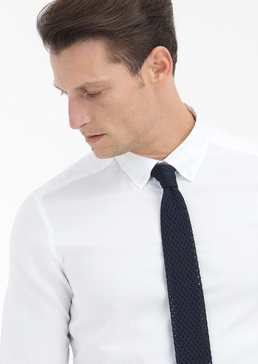 Beyaz Düz Slim Fit Uzun Dokuma Casual %100 Pamuk Gömlek - 3