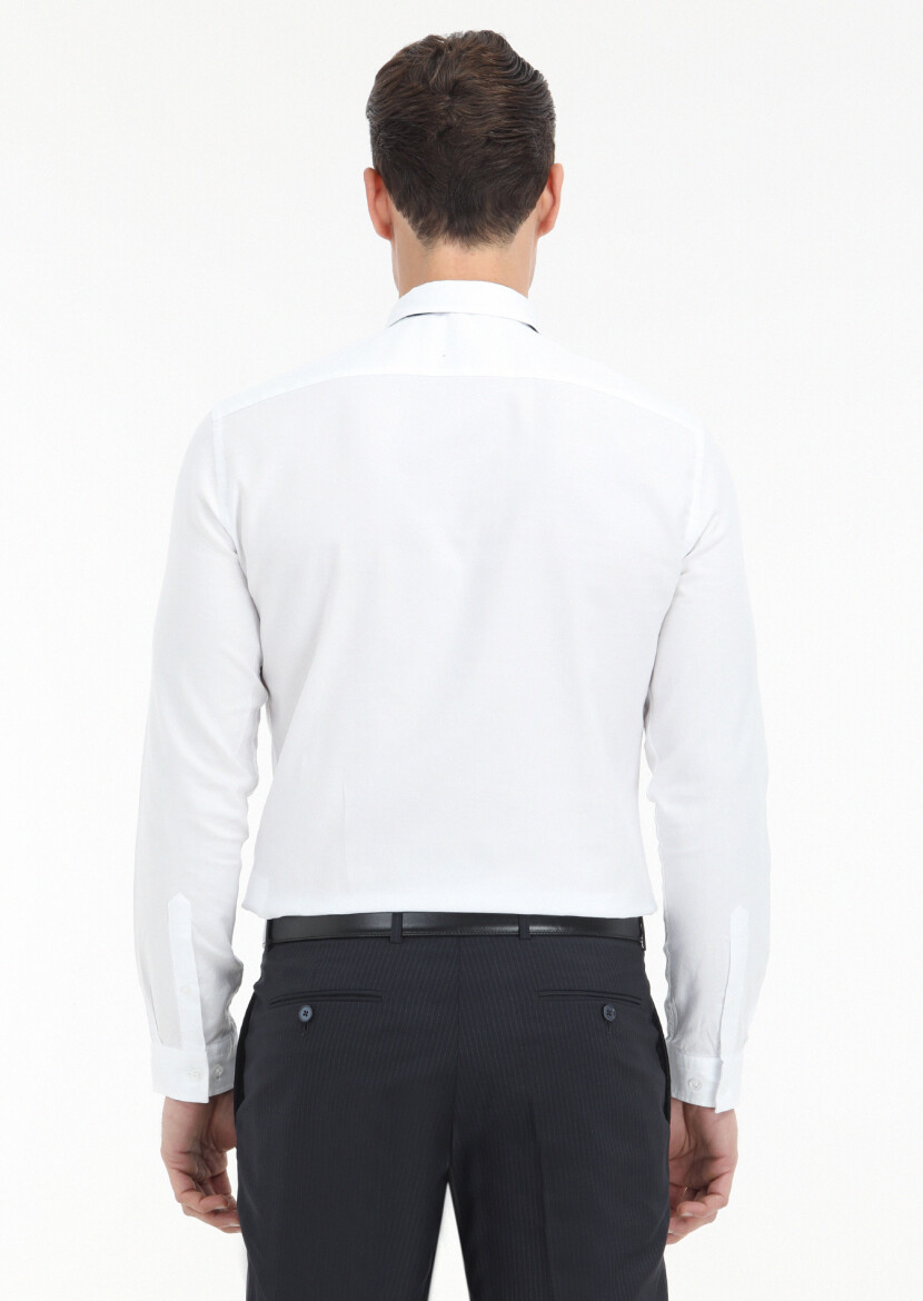Beyaz Düz Slim Fit Uzun Dokuma Casual %100 Pamuk Gömlek - 4
