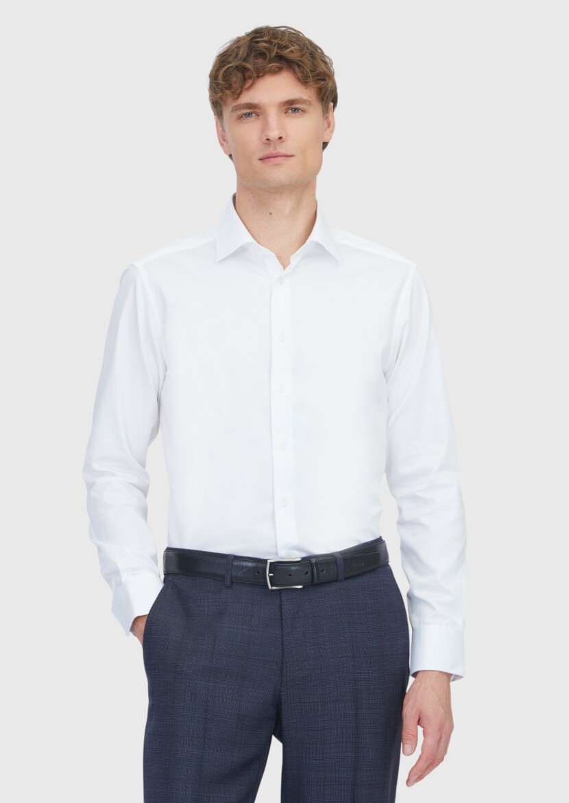 Beyaz Düz Slim Fit Uzun Dokuma Klasik %100 Pamuk Gömlek - 1