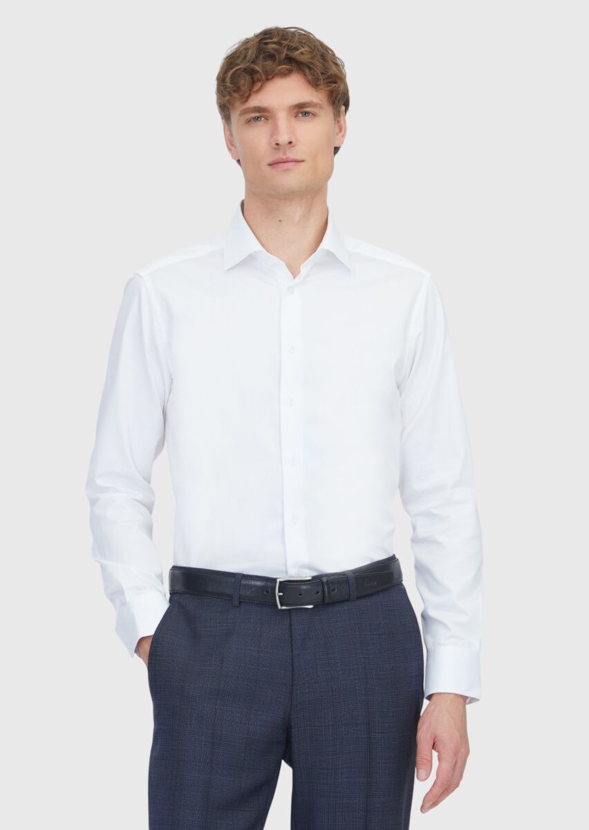 Beyaz Düz Slim Fit Uzun Dokuma Klasik %100 Pamuk Gömlek - 1