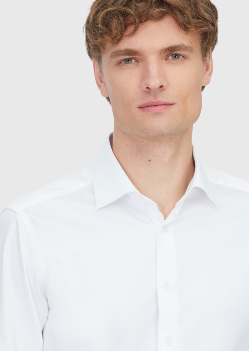 Beyaz Düz Slim Fit Uzun Dokuma Klasik %100 Pamuk Gömlek - 3