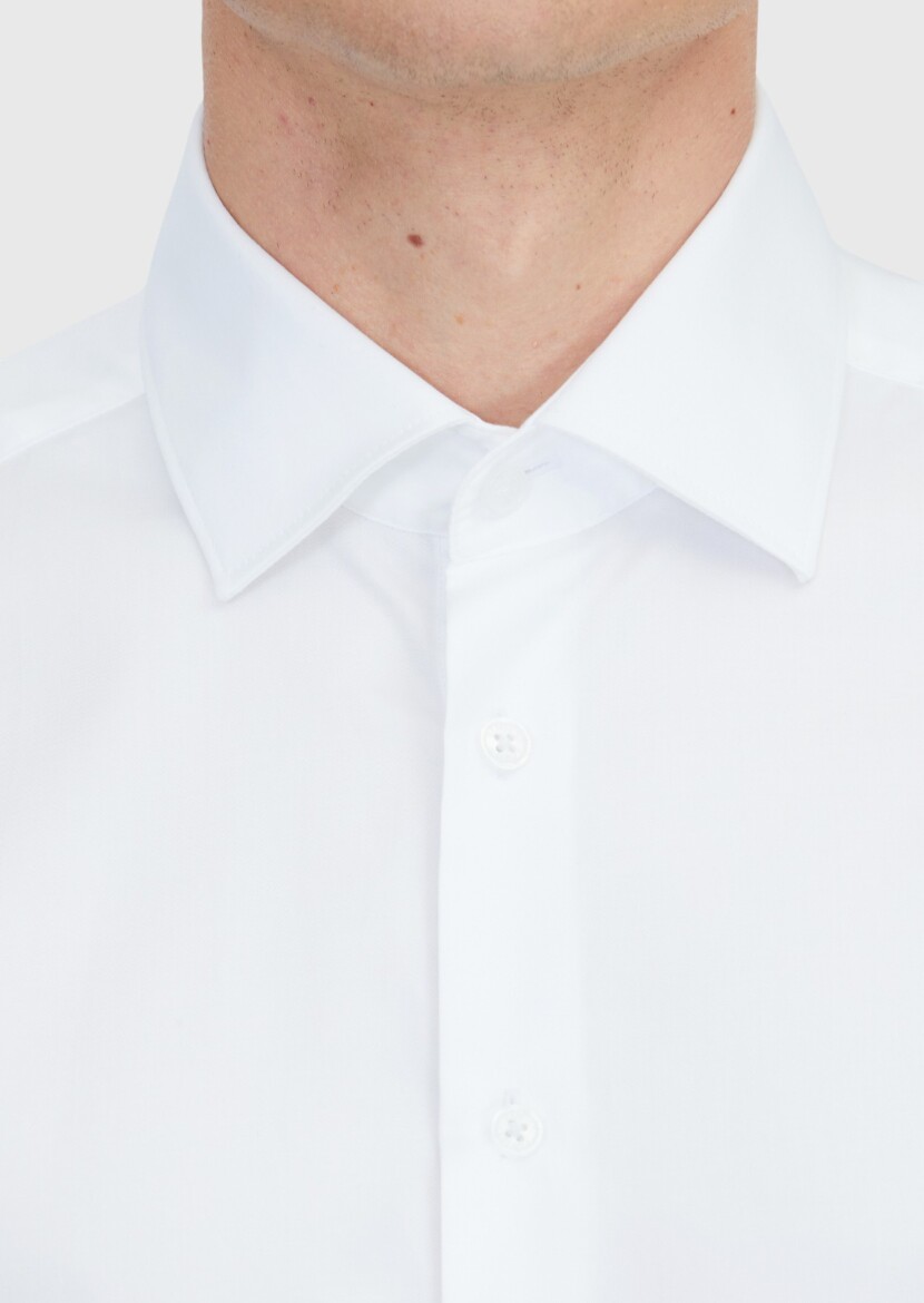 Beyaz Düz Slim Fit Uzun Dokuma Klasik %100 Pamuk Gömlek - 4
