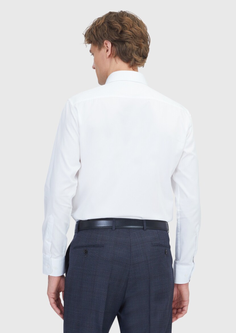 Beyaz Düz Slim Fit Uzun Dokuma Klasik %100 Pamuk Gömlek - 5