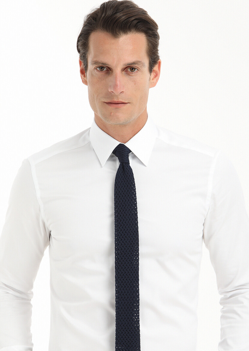 Beyaz Düz Slim Fit Uzun Dokuma Klasik %100 Pamuk Gömlek - 3