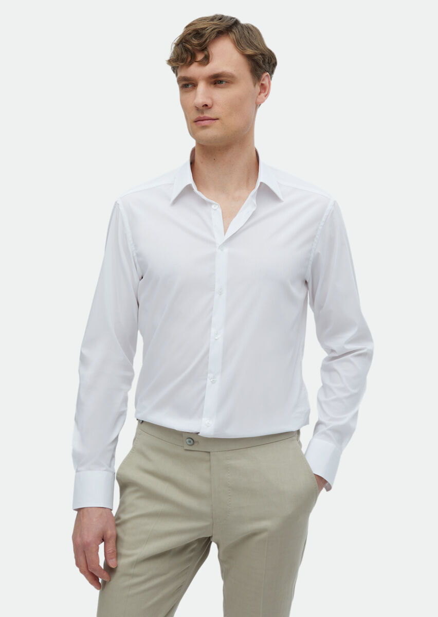 Beyaz Düz Slim Fit Uzun Dokuma Klasik Gömlek - 1