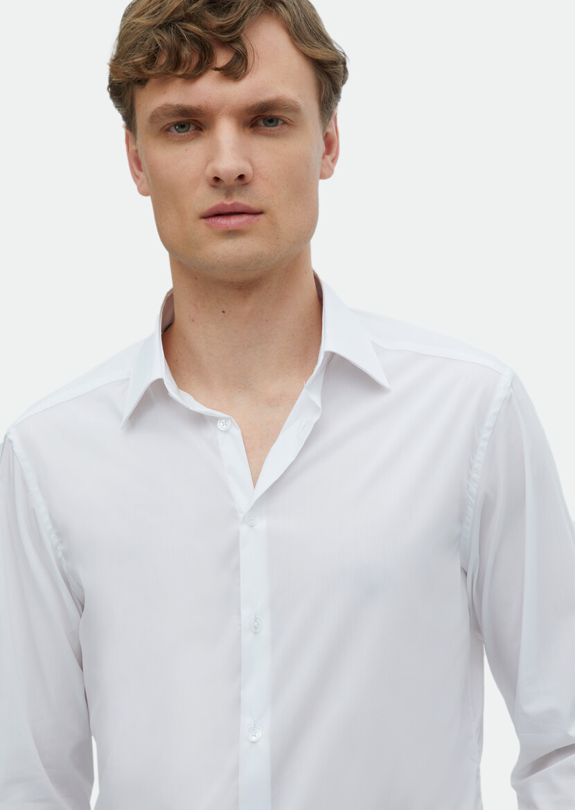 Beyaz Düz Slim Fit Uzun Dokuma Klasik Gömlek - 4