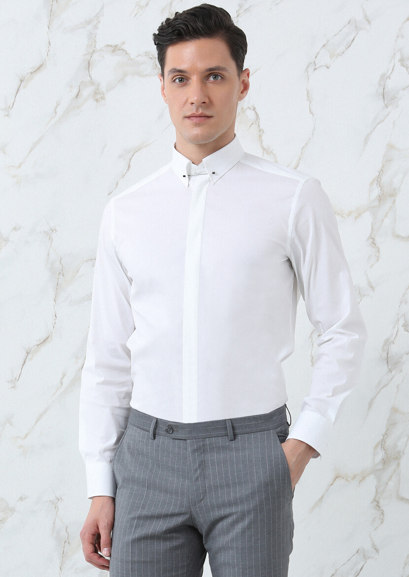 Beyaz Düz Slim Fit Uzun Dokuma Klasik Pamuk Karışımlı Gömlek - 1